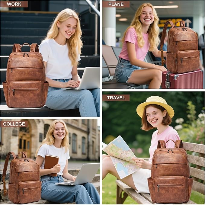 Leather Laptop Backpack for Women 15.6 Inch Laptop Travel Backpack Purse Casual Daypack with Laptop Compartment for College Work Nurse Business Weekender, Brown
