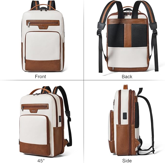 Shrrie Leather Laptop Backpack for Women and Men,28 L Travel Backpack Computer Bag Fits 16 inch Laptop,Expandable Casual Daypack with USB Port for Work Business Weekender College,Beige with Brown