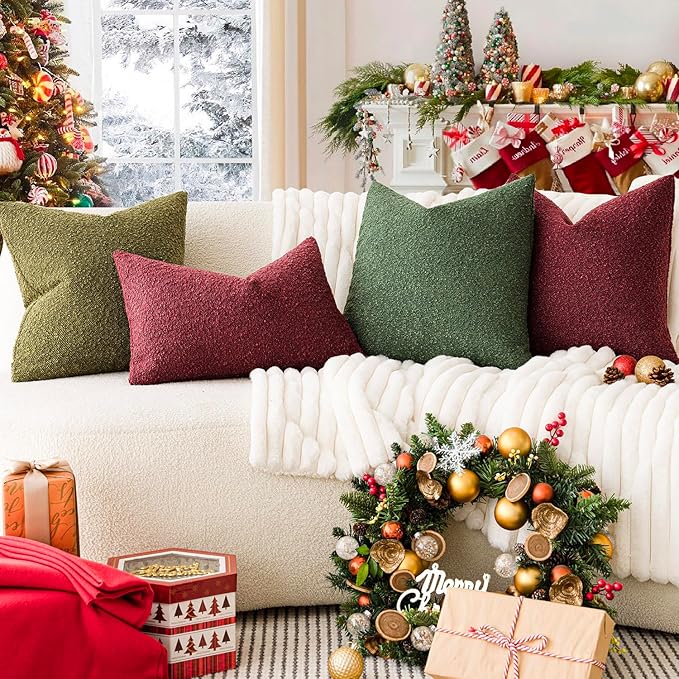 Foindtower Set of 2, Decorative Textured Boucle Throw Pillow Covers Accent Solid Pillow Cases Neutral Cozy Couch Cushion Case for Chair Sofa Bedroom Living Room Home Decor 24 x 24 Inch Hunter Green