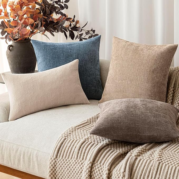 Foindtower Pack of 2 Soft Textured Chenille Throw Decorative Pillow Covers Square Accent Solid Cushion Cover Cozy Neutral Farmhouse Pillow Case for Couch Sofa Bedroom Living Room 18x18 Inch,Blue