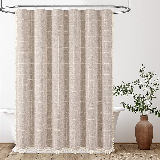 BTTN 60 Inch Stall Shower Curtain, Boho Farmhouse Linen Fabric Tassel Shower Curtain Set with 10 Plastic Hooks, Narrow Country Decorative Water-Repellent Shower Curtains for Bathroom, 60x72, Tan/Taupe