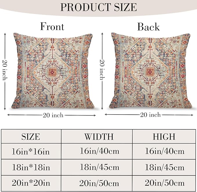 Boho Throw Pillow Covers 20x20 inch Set of 2,Bohemian Vintage Carpet Pattern Antique Ethnic Decor Double Sided Pattern Cushion Cover Soft Pillow Case Living Sofa Room Bed Square Pillow Cover