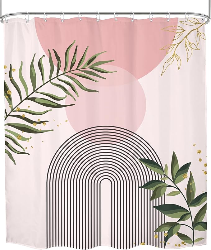 Pink Boho Shower Curtain 60Wx72H Mid Century Modern Abstract Gold Leaves Plant Sun Bathroom Decor Minimalist Geometric Arch Line Aesthetic for Girls Bath Curtain Fabric Polyester 12 Pack Hooks