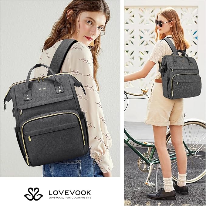 LOVEVOOK Laptop Backpack for Women,15.6 Inch Professional Womens Travel Backpack Purse Computer Laptop Bag Nurse Teacher Backpack,Waterproof College Work Bag Carry on Back Pack with USB Port,Dark Grey