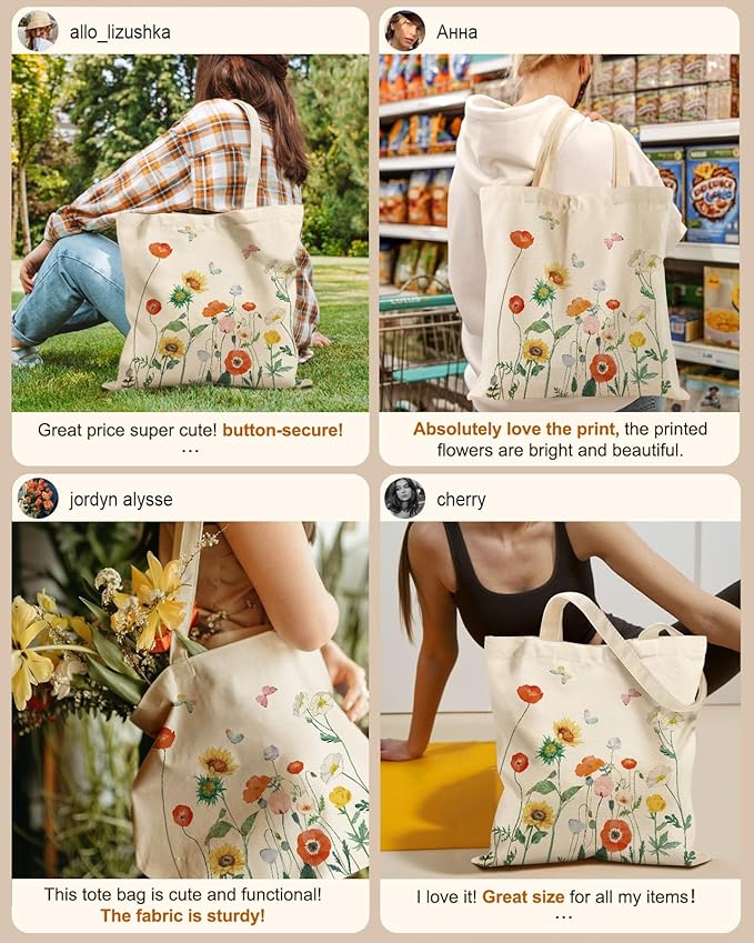 Canvas Tote Bag for Women - Aesthetic Canvas Totes with Pockets Cute Reusable Cloths Ladies Shoulder Bag