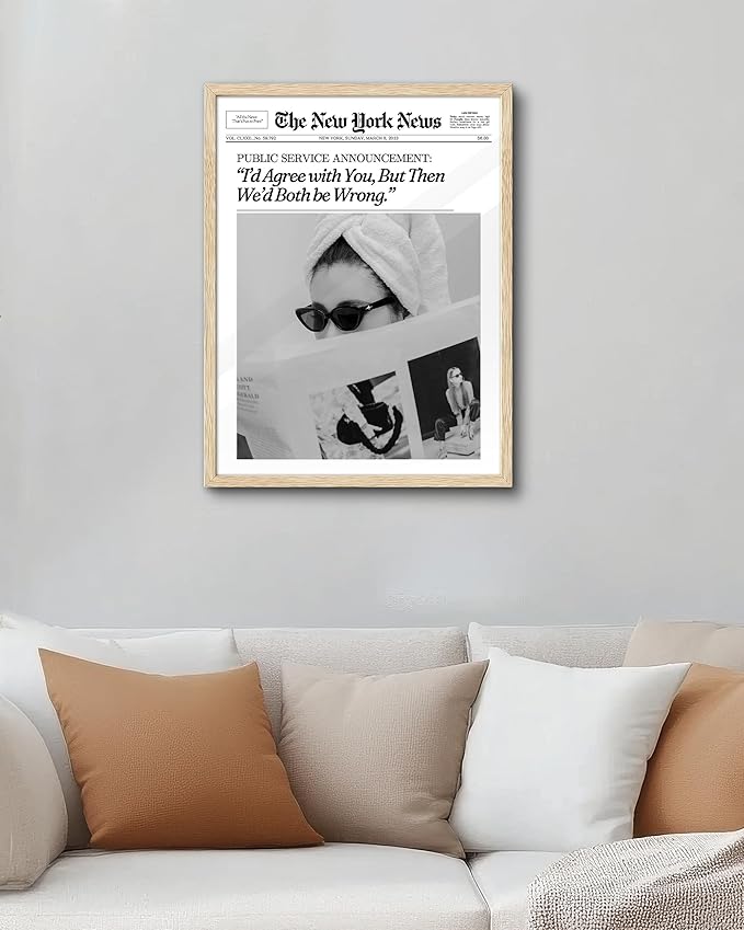 EcoHest Trendy Newspaper Framed Wall Art, 16x20 in Large OAK Wood Cool Girl Canvas Art, Magazine Bar Cart Print College Dorm Decor, Beige Logs Set of 1 for Bedroom Living Room