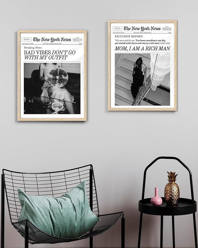 EcoHest Trendy Newspaper Magazine Framed Wall Art, 12x16 in OAK Wood Bad Vibes Don't Go With My Outfit Disco Bar Canvas Wall Art, Preppy Retro Home Decor For Bedroom Living Room 1Pack