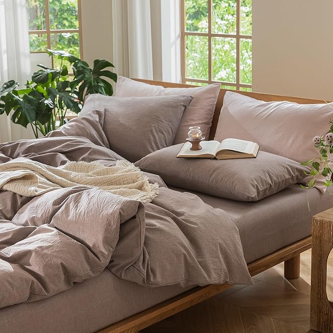 MooMee Bedding Duvet Cover Set 100% Washed Cotton Linen Like Textured Breathable Durable Soft Comfy (Heathered Mauve Brown, Twin 68"x90")