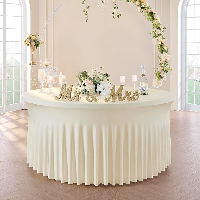 Outpain 8 Pack Ivory 72inch Spandex Round Tablecloths, Stretchy 132inch Fitted 6FT Round Table Cloths, Wrinkle Free Table Cover with Skirt for Wedding Party Dining Banquet