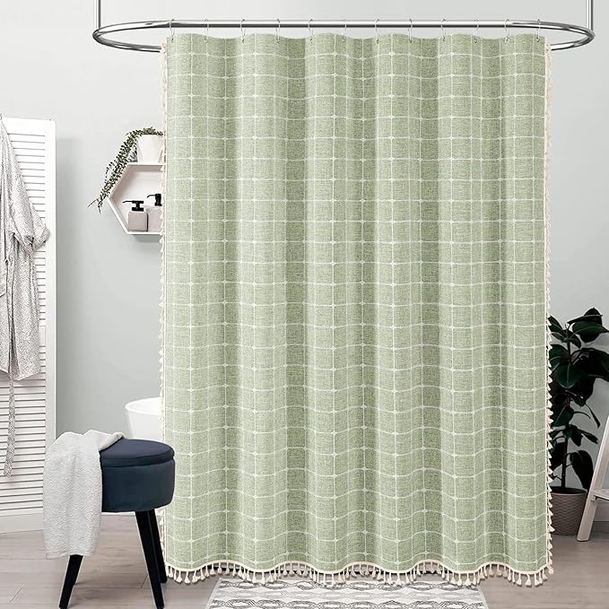 BTTN Boho Shower Stall Curtain - 48x72 Narrow Linen Ultra Thick Tassel Fabric Shower Curtain Set with 8 Plastic Hooks, Half Camper RV Modern Farmhouse Country Shower Curtains for Bathroom, Sage Green