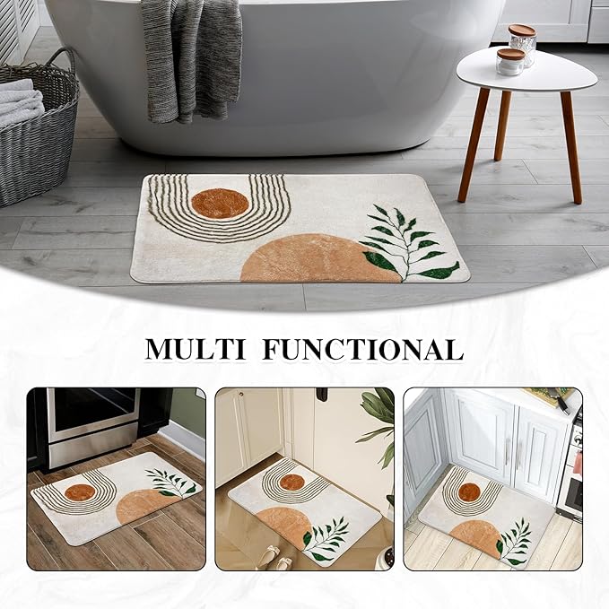 17''x24 Boho Bath Rugs for Bathroom Decor Non-Slip Bath Mat Absorbent Plush Microfiber Soft Carpet Machine Washable Bath Mat for Bathrooms,Showers,Laundry Rooms,White and Green