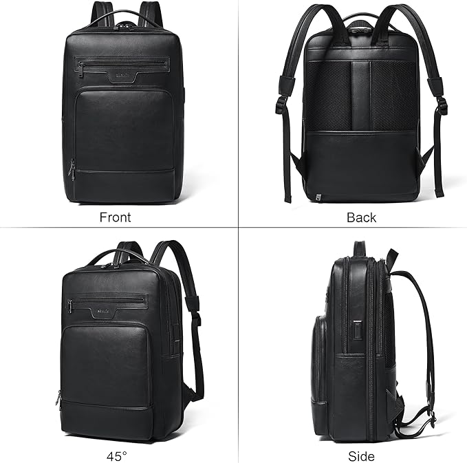 Shrrie Leather Laptop Backpack for Women and Men,28 L Travel Backpack Computer Bag Fits 16 inch Laptop,Expandable Casual Daypack with USB Charging Port for Work Business Weekender College,Black