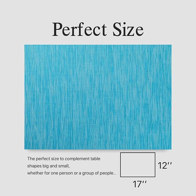 Placemats Set of 6 - Easy Clean Woven Vinyl Placemats for Dining Table, Indoor/Outdoor Place Mats, Washable PVC Table Mats(Teal Blue)
