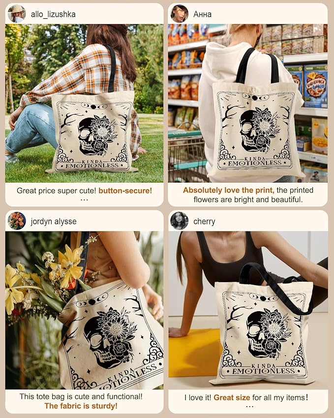 Canvas Tote Bag for Women – Aesthetic Canvas Bag with Zipper Cute Stylish Reusable Shoulder Totes for Shopping Work Daily Vacation, Skull Flower