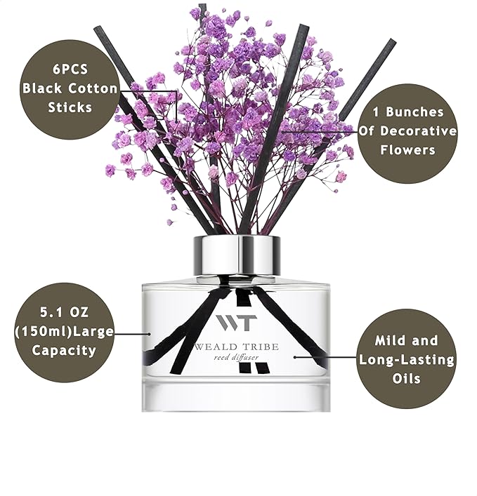 WEALD TRIBE Flower Reed Diffuser Set Lavender Scent for Bathroom Accessories Shelf Decor & Air Fresheners, Sticks Defusers with 5.1 fl oz Essential Oils & Leaves, House Bedroom Office Decor & Gifts