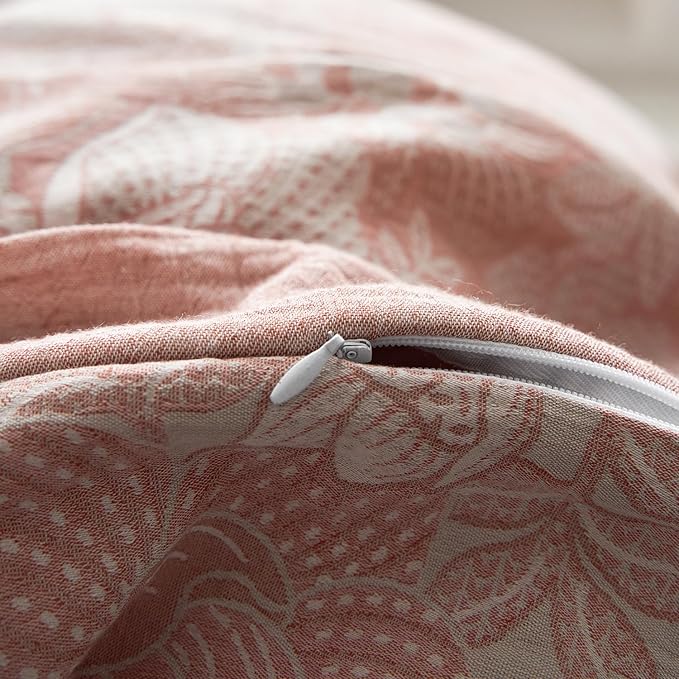 mixinni Duvet Cover Queen, Premium Cotton Double-Layer Yarn Pink Floral Jacquard Comforter Cover with Edge Design, Farmhouse Bedding Set with 2 Pillowcases Perfect for Him and Her-Queen Size