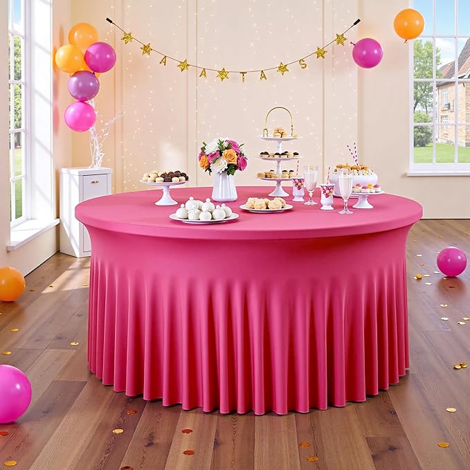 Outpain 6 Pack Hot Pink 72inch Spandex Round Tablecloths, Stretchy 132inch Fitted 6FT Round Table Cloths, Wrinkle Free Table Cover with Skirt for Wedding Party Dining Banquet