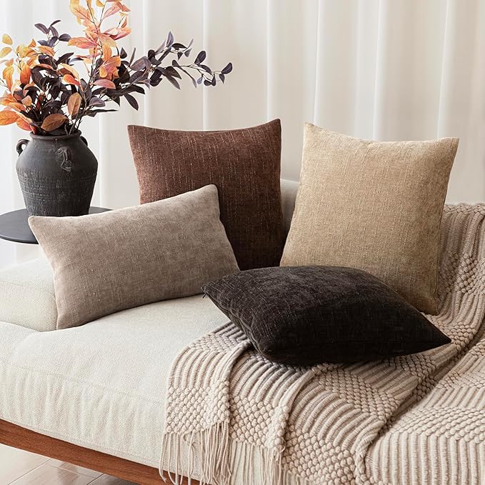 Foindtower Pack of 2 Soft Textured Chenille Throw Decorative Pillow Covers Square Accent Solid Cushion Cover Cozy Neutral Farmhouse Pillow Case for Couch Sofa Bedroom Living Room 16x16 Inch,Red Brown