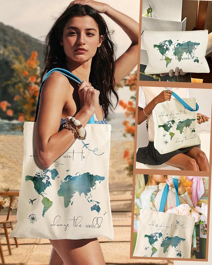 Aesthetic 2 Pack Canvas Tote Bag - with Makeup Zipper Pouch for Women Bag for Shopping, Gym, Travel, Vacation