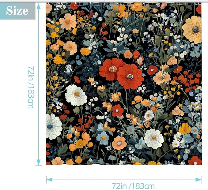 Aimego Black Floral Shower Curtain - Colorful Red Dark Flowers Spring Plants Boho Chic Botanical Leaves Fabric Cloth Bath Shower Curtain Set with 12 Hooks for Bathroom Decor Accessories, 72"x72"
