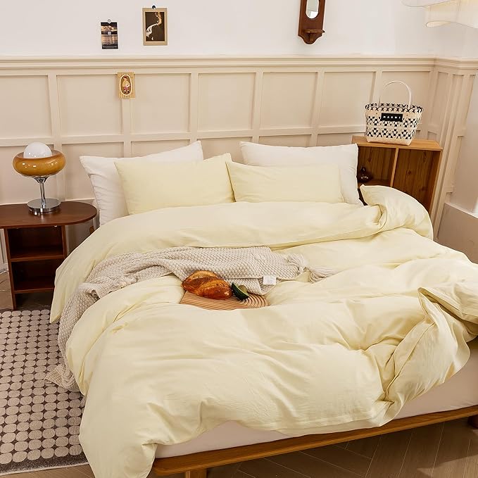 ECOCOTT Duvet Cover Set, 100% Washed Cotton Linen-Like Textured Soft & Breathable, Durable Comfy Bedding Set for All Seasons (Light Yellow, Queen)