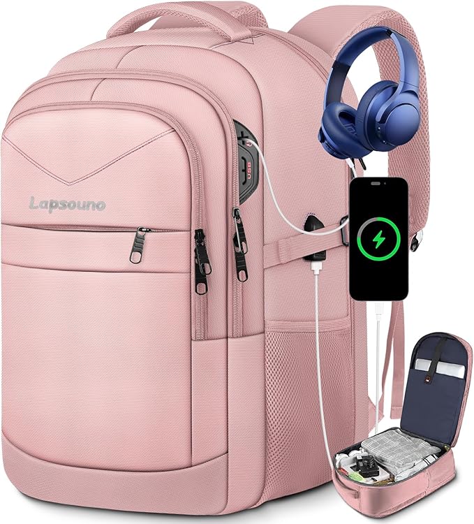 Lapsouno Large Backpack for Women, TSA 17.3 Inch Travel Laptop Backpack with USB Port, College School Business Backpack, Light Pink