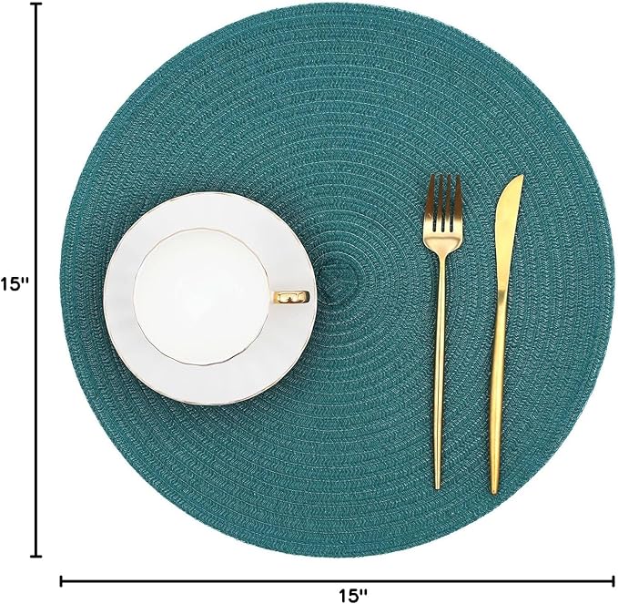SHACOS Round Placemats Set of 6 Washable 15 inch Round Table Mats Cotton Polyester Woven Braided Place Mats for Dining Table, Teal Green