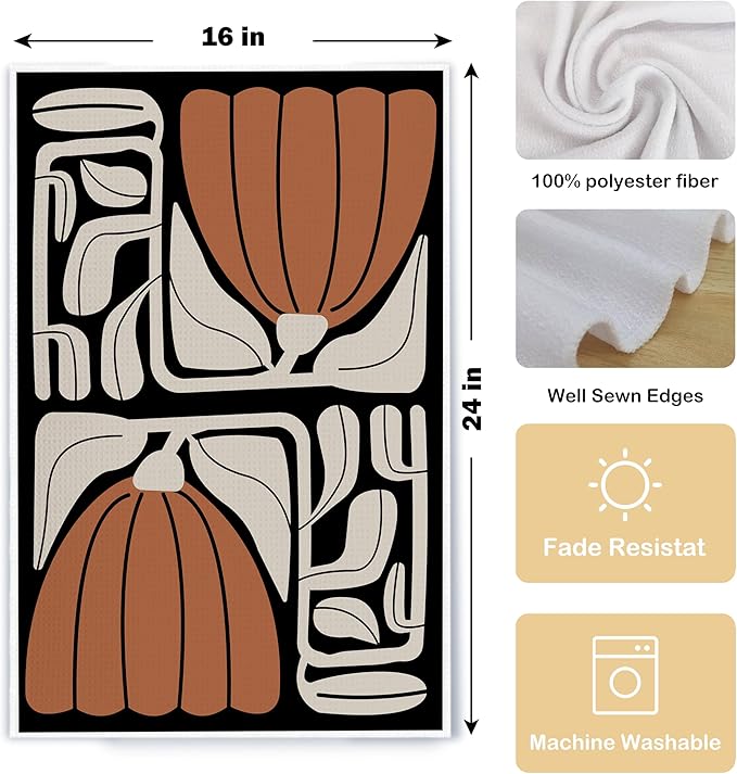 Black and White Floral Kitchen Towels, Retro 70s Groovy Hand Towels for Bathroom Decor, Modern Minimalist Botanical Dish Tea Towels for Kitchen Decor(16×24 Set of 2)