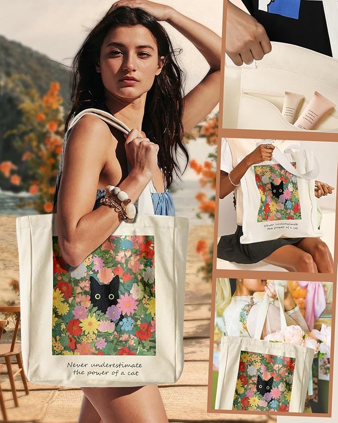 Aesthetic Heavy Canvas Tote Bag with Pocket for Women, Cloth Gusseted Totes Bag with Pattern for Shopping