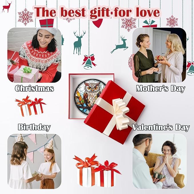 Stained Glass Window Hanging, Owl Colorful Leaves Birds Sun Catchers Diamond Glass Panel Hangings Suncatcher Decor for Birthday for Women, Men, Wife, Aunt, and Mom 7.8 in