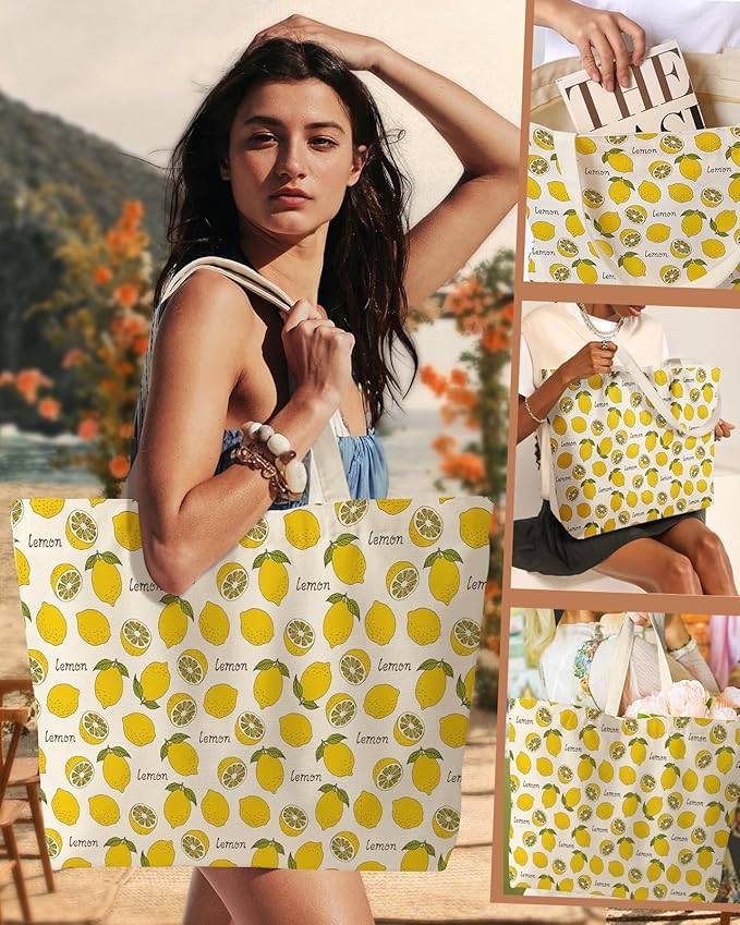 Large Tote Bag for Women - Canvas Tote Bag with Zipper Aesthetic Reusable Shoulder Bag for Gym, Travel, Work