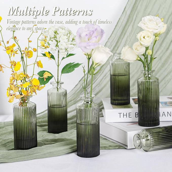 Green Glass Bud Vases Set of 12, Mini Ribbed Flower Vase for Centerpieces, Small Glass Vases in Bulk for Wedding Decorations, Vintage Vase for Table, Housewarming Gift, Home Décor