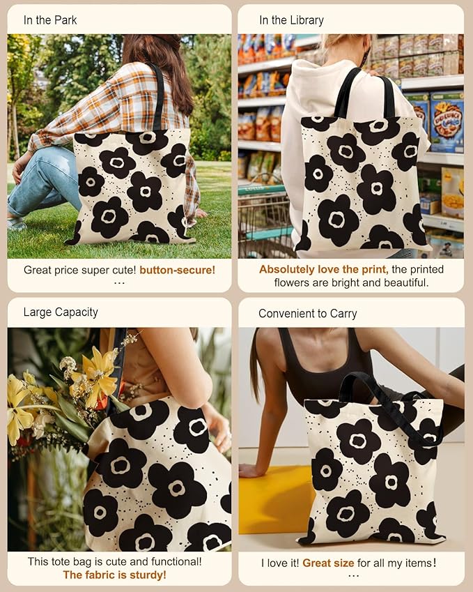 Aesthetic Tote Bag for Girls - with Magnetic Buckle and Zipper Inner Pocket for Women Lady Canvas Cotton Tote Bag