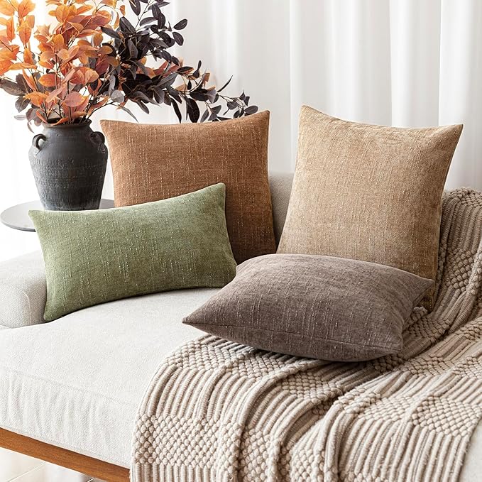 Foindtower Pack of 2 Textured Chenille Throw Decorative Pillow Covers Square Accent Solid Cushion Cover Neutral Farmhouse Lumbar Pillow Case for Couch Sofa Bedroom Living Room 12x20 Inch,Sage Green