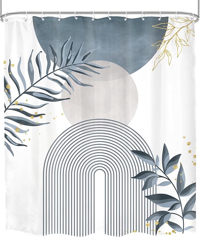 Blue Gray Boho Shower Curtain 60Wx72H Abstract Grey Bohemian Modern Leaves Mid Century Minimalist Plant Bathroom Decor Contemporary Simple Neutral Bath Curtain Fabric Polyester 12 Pack Hooks