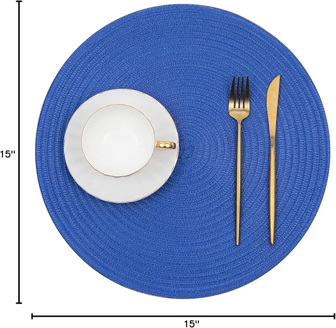 SHACOS Round Placemats Set of 6 Washable 15 inch Round Table Mats Cotton Polyester Woven Braided Place Mats for Dining Table (Blue, 6)