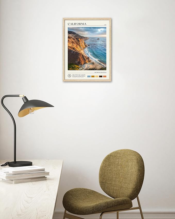 HesenDot Natural OAK Wood Coastal California Refers Framed Wall Art,12x16in Natural Seascape Canvas Wall Print,Classic Urban Landmark Wall Decor for Living Room,Bedroom,Office Gallery Gifts Set of 1