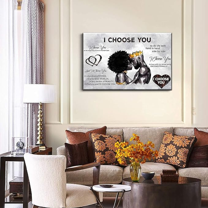 Framed African American Canvas Prints Black Couple I Choose You Poster Black King and Queen Wall Art Afro Black Romantic Couple Wall Art for Bedroom Living Room Decor(Black couple, 16in×12in)