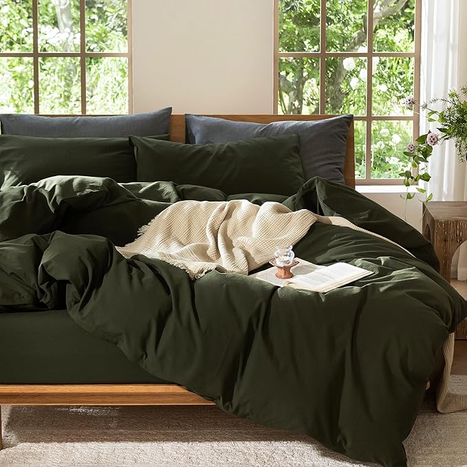 MooMee Bedding Duvet Cover Set 100% Washed Cotton Linen Like Textured Breathable Durable Soft Comfy (Solid Olive Green, Twin 68"x90")