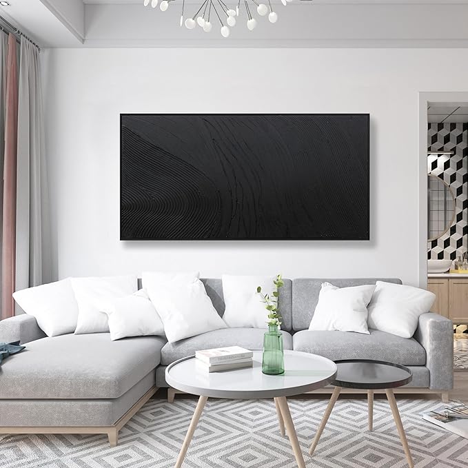 Framed Abstract Wall Art For Living Room Wall Decor Artwork 48" W X 24" H Black Hand Painted Line Texture Canvas In Large Abstract Artwork For Living Room Bedroom Office Modern Glam Decor Ready To Hang