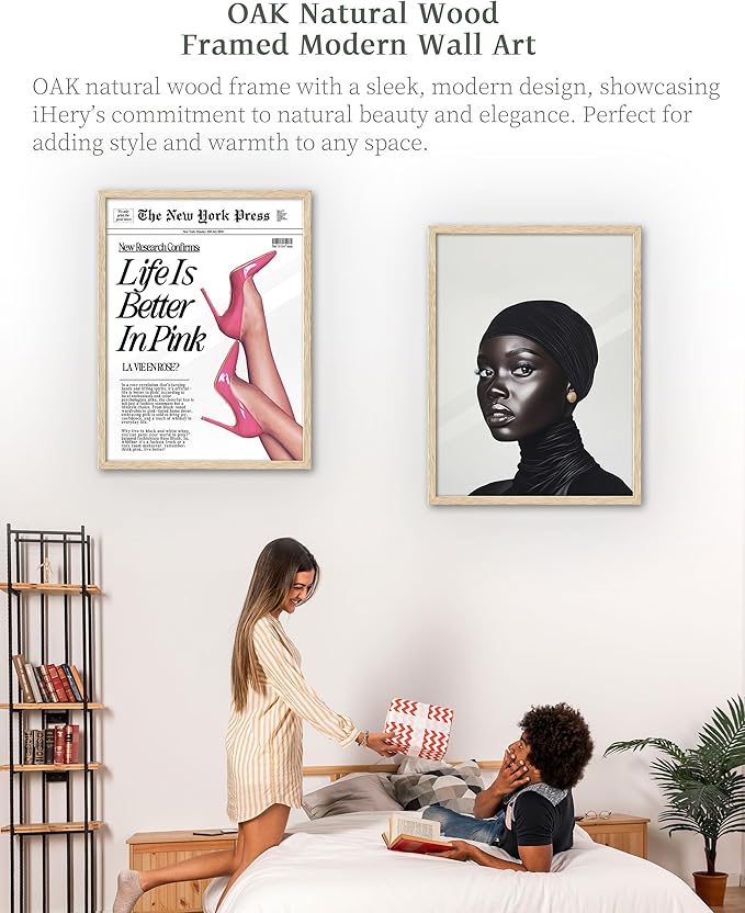 iHery Natural OAK Wood Fashion Black Girl Framed Wall Art, 12x16 in Black and White Modern Hijabi Canvas Wall Decor, Trendy Afro Art Bedroom Decor, Set of 1 For Bathroom Living Room