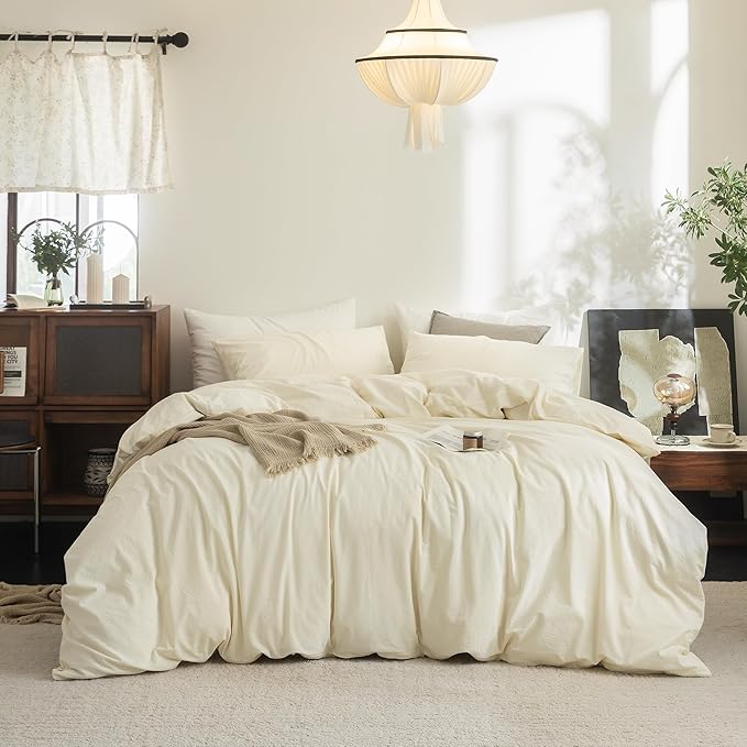 FOSSA Duvet Cover Set 100% Washed Cotton Linen Feel Super Soft Breathable Cozy 3 Pieces Bedding Sets Solid Cream White Oversized King Plus