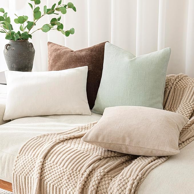 Foindtower Set of 2 Soft Textured Chenille Throw Decorative Pillow Covers Square Accent Solid Cushion Cover Cozy Neutral Farmhouse Pillow Case for Couch Sofa Bedroom Living Room 16x16 Inch, Sage Green