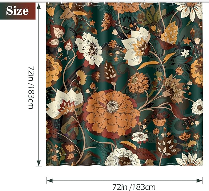 Aimego Boho Floral Shower Curtain - Dark Green Bohemian Chic Flowers Botanical Leaves Fabric Cloth Bath Shower Curtain Set with 12 Hooks for Adults Bathroom Decor Accessories, 72"x72"