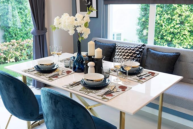 Vinyl Rectangular Placemats Set of 4 - Non Slip Place Mats Ideal for Indoor and Outdoor Dining Table - Washable and Heat Resistant Fall Placemats for Kitchen Tables (Flowers)