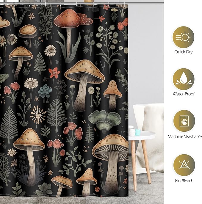 Aimego Stall Small Shower Curtains - Boho Mushroom Vintage Floral Plants Flowers Fairy Nature Botanical Narrow Half Fabric Cloth Bath Shower Curtain Set with Hooks Bathroom Decor, 36"x72"