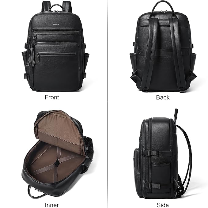 Shrrie Laptop Backpack for Women,Vegan Leather Backpack Work Computer Backpacks fits 16" Laptop,Water Resistant Teacher Nurse Casual Daypack for Weekender Camping Travel,Two-toned Black
