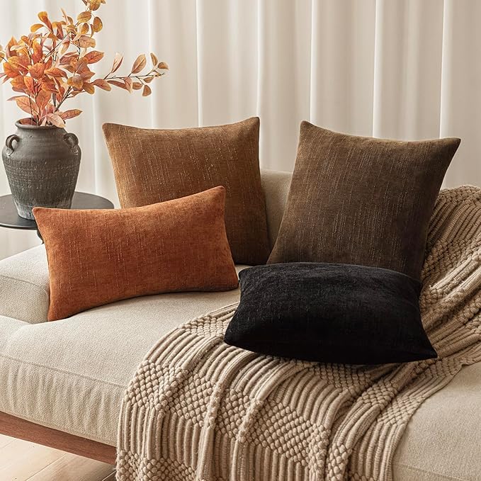 Foindtower Pack of 2 Textured Chenille Throw Decorative Pillow Covers Square Accent Solid Cushion Cover Neutral Farmhouse Lumbar Pillow Case for Couch Sofa Bedroom Living Room 12x20 Inch,Orange