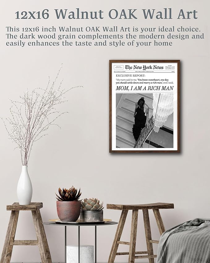 EcoHest Trendy Newspaper Framed Wall Art, Walnut Color 12x16 in OAK Wood Mom I Am a Rich Man Canvas Art, Magazine Girly Poster College Dorm Decor, Set of 1 for Bedroom Living Room
