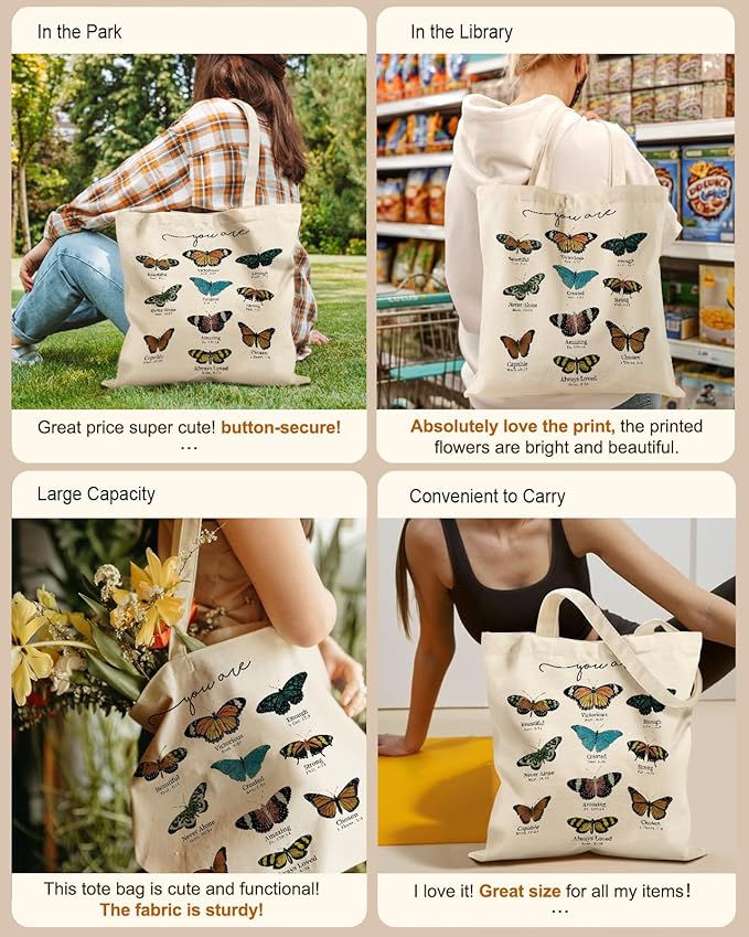 Aesthetic Tote Bag for Girls - with Magnetic Buckle and Zipper Inner Pocket for Women Lady Canvas Cotton Tote Bag